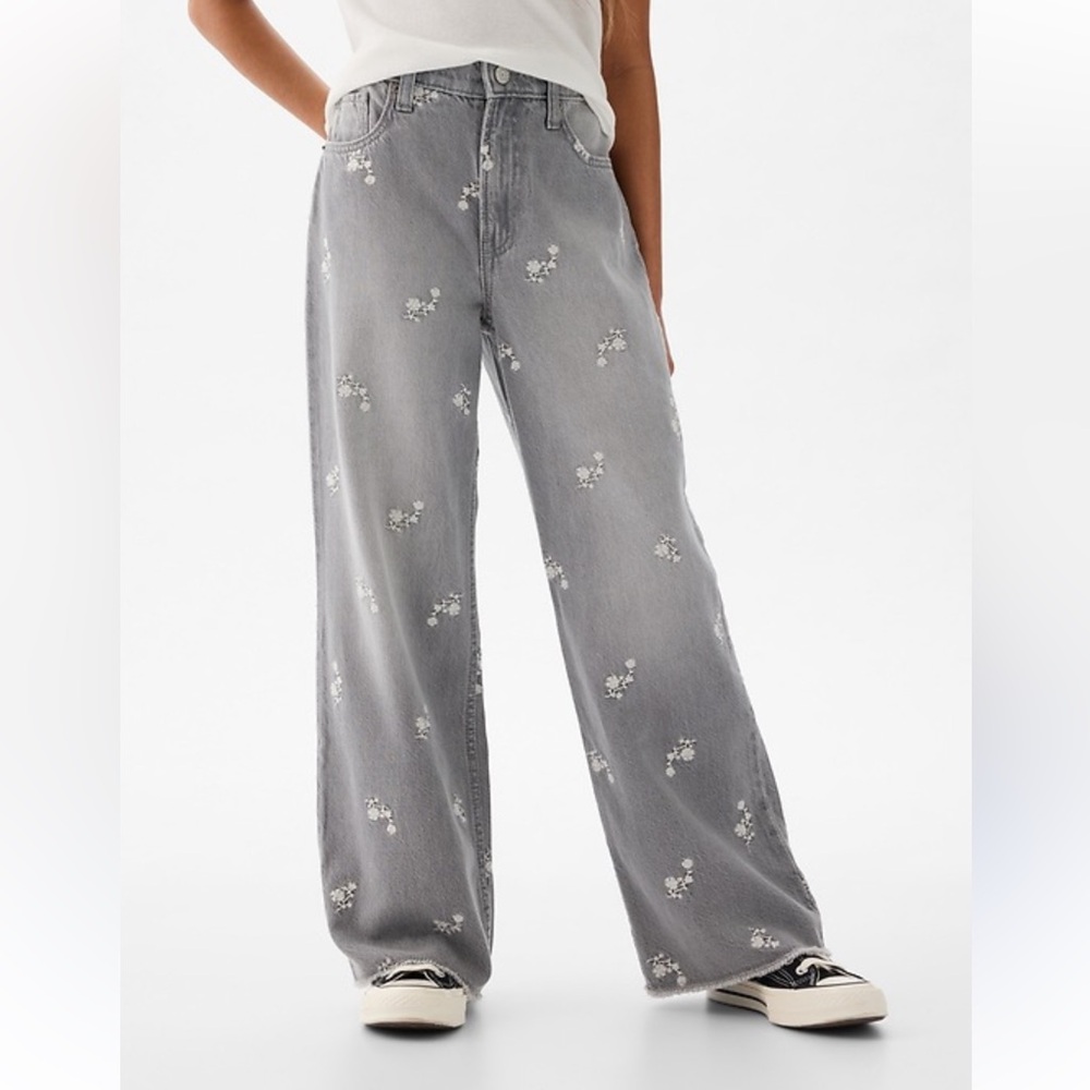 Gap Kids Low Rise Stride Floral Embroidered Wide Leg Denim Jeans Gray Wash SZ 6